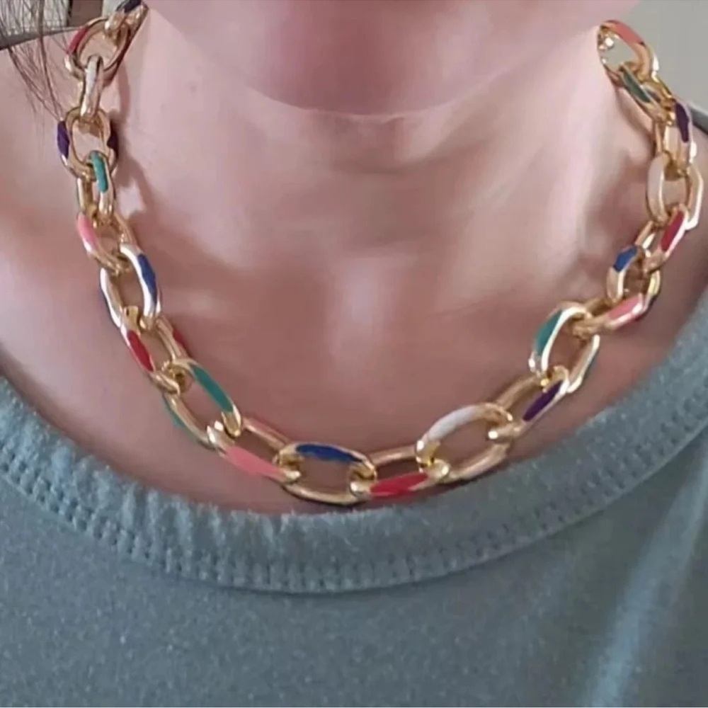 Cuban Color Block Chain Gold Link Necklace - Picture 5 of 8
